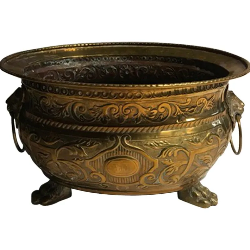 Pamono Early 20th Century Brass Planter Bowl with Lions' Heads, Italy, 1910> Planters And Jardiniere