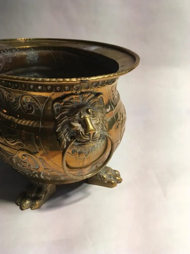 Pamono Early 20th Century Brass Planter Bowl with Lions' Heads, Italy, 1910> Planters And Jardiniere