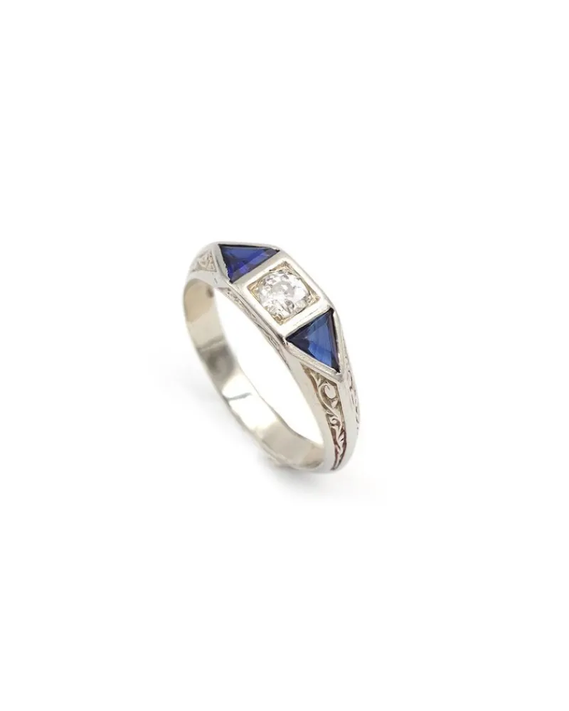 Pamono Early 20th Century Edwardian Ring with Synthetic Sapphire & 0.30 Ct Old-Cut Diamond, 1890s> Rings