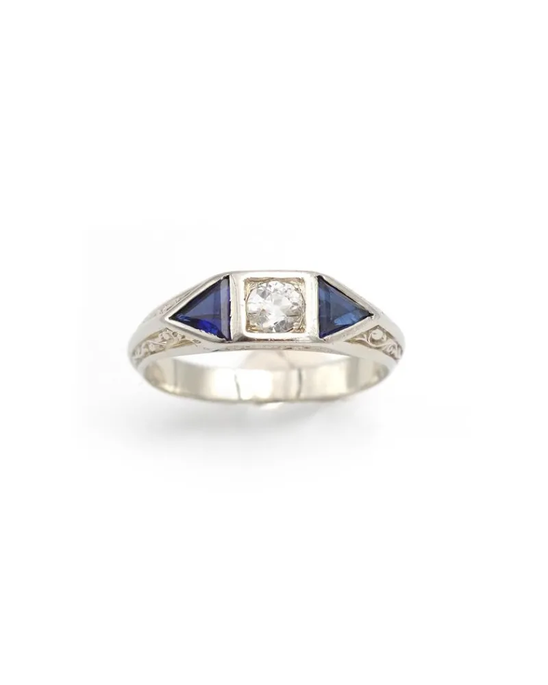Pamono Early 20th Century Edwardian Ring with Synthetic Sapphire & 0.30 Ct Old-Cut Diamond, 1890s> Rings