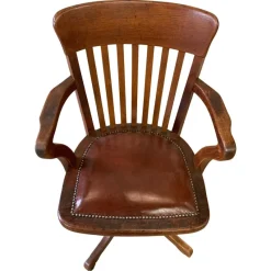 Pamono Early 20th Century Hillcrest Oak Rail Back Leather Revolving Desk Chair, 1890s><noscript><img width=