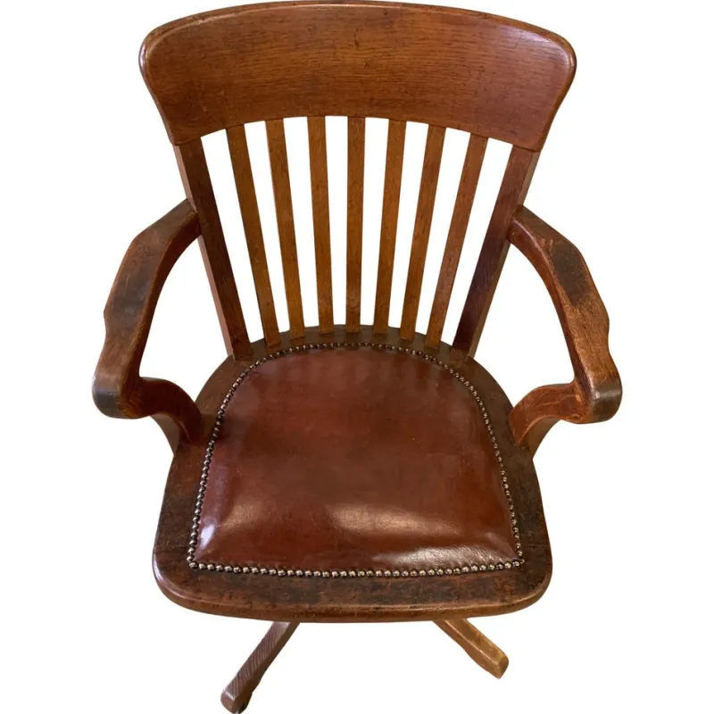 Pamono Early 20th Century Hillcrest Oak Rail Back Leather Revolving Desk Chair, 1890s> Office Chairs
