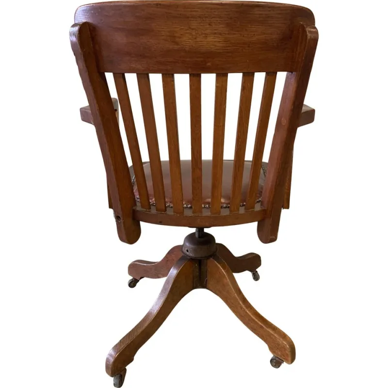 Pamono Early 20th Century Hillcrest Oak Rail Back Leather Revolving Desk Chair, 1890s> Office Chairs