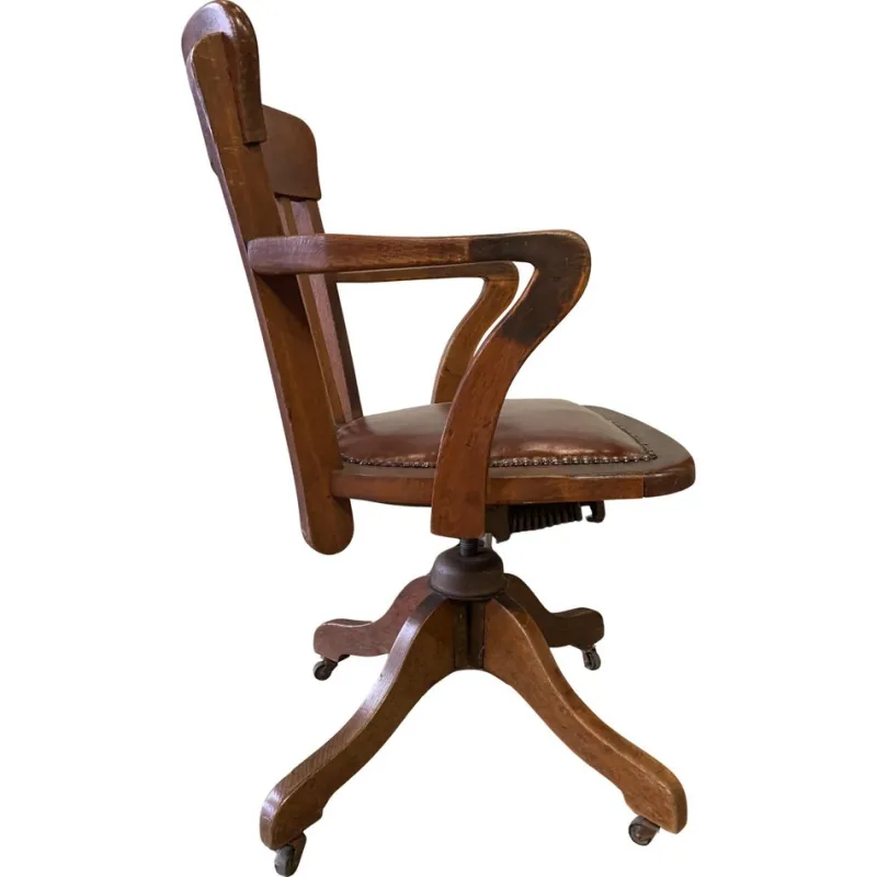 Pamono Early 20th Century Hillcrest Oak Rail Back Leather Revolving Desk Chair, 1890s> Office Chairs