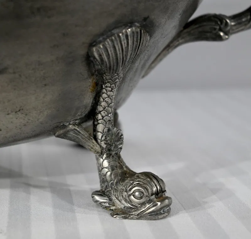Pamono Early 20th Century Tureen and Tray in Fine Pewter by L. Houzeaux, 1930s, Set of 2> Serving Dishes