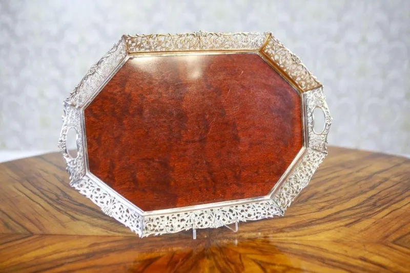 Best Pamono Early-20th Century Wooden Tray with Metal Openwork Border, 1950s
