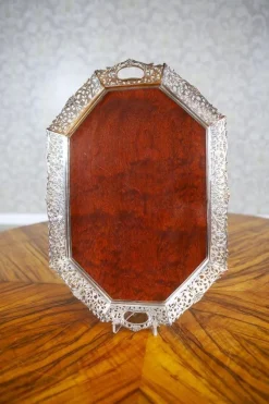 Best Pamono Early-20th Century Wooden Tray with Metal Openwork Border, 1950s