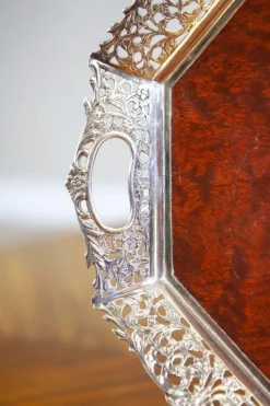 Best Pamono Early-20th Century Wooden Tray with Metal Openwork Border, 1950s