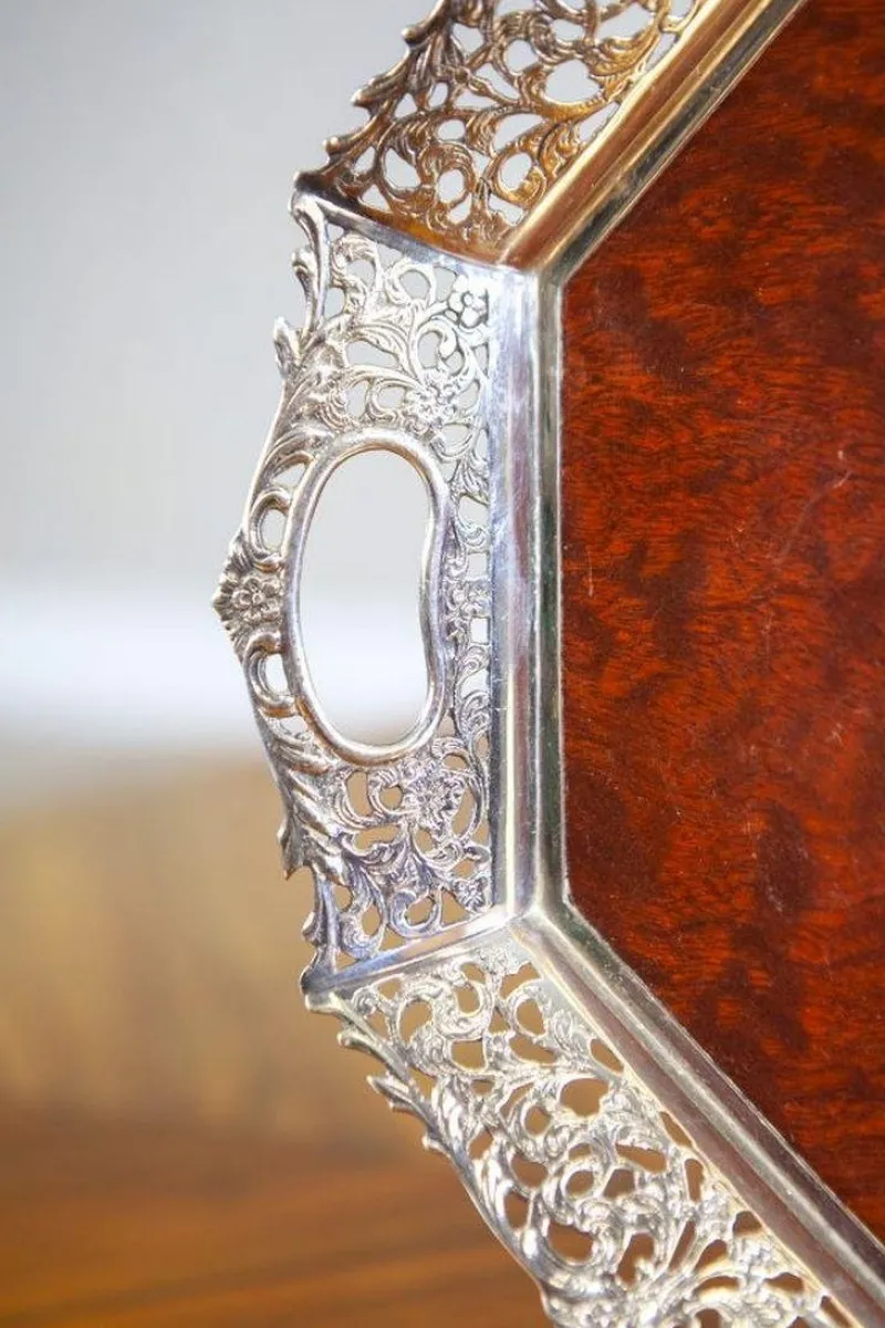 Best Pamono Early-20th Century Wooden Tray with Metal Openwork Border, 1950s