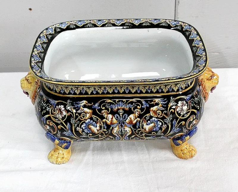 Sale Pamono Earthenware Planter with Polychrome Decorations from Gien, Late 19th or Early 20th Century