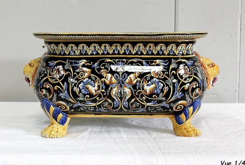 Sale Pamono Earthenware Planter with Polychrome Decorations from Gien, Late 19th or Early 20th Century