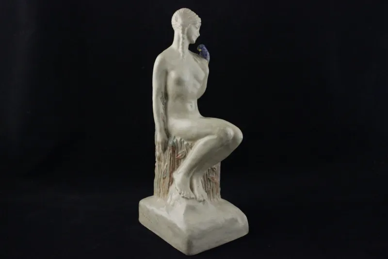 Pamono Edith Annie Laidman, Art Nouveau Sculpture of Daphne with Laurel, Pelicans and Parrots, Ceramic> Art Nouveau