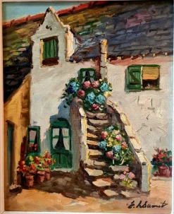 Outlet Pamono Edouard Le Saout, Geraniums and Flowers on a Cottage Staircase, 1950s, Oil on Canvas