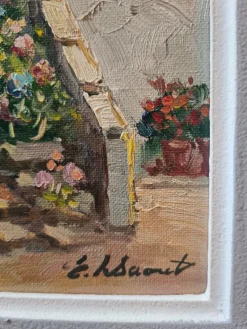 Outlet Pamono Edouard Le Saout, Geraniums and Flowers on a Cottage Staircase, 1950s, Oil on Canvas