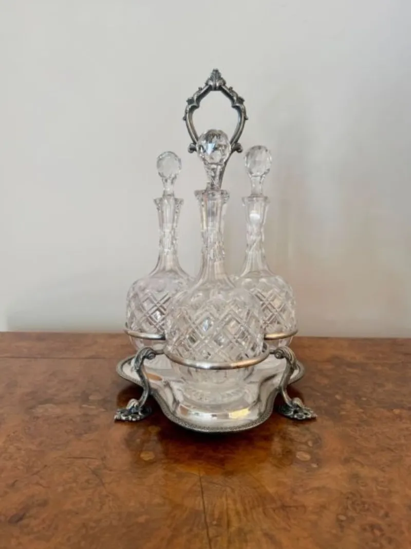 Discount Pamono Edwardian Cut Glass Decanters and Silver-Plated Stand, 1900, Set of 4