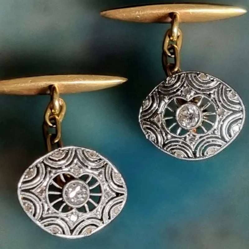 Best Pamono Edwardian Diamond Cufflinks in Platinum Over 18k Gold, 1910, Set of 2