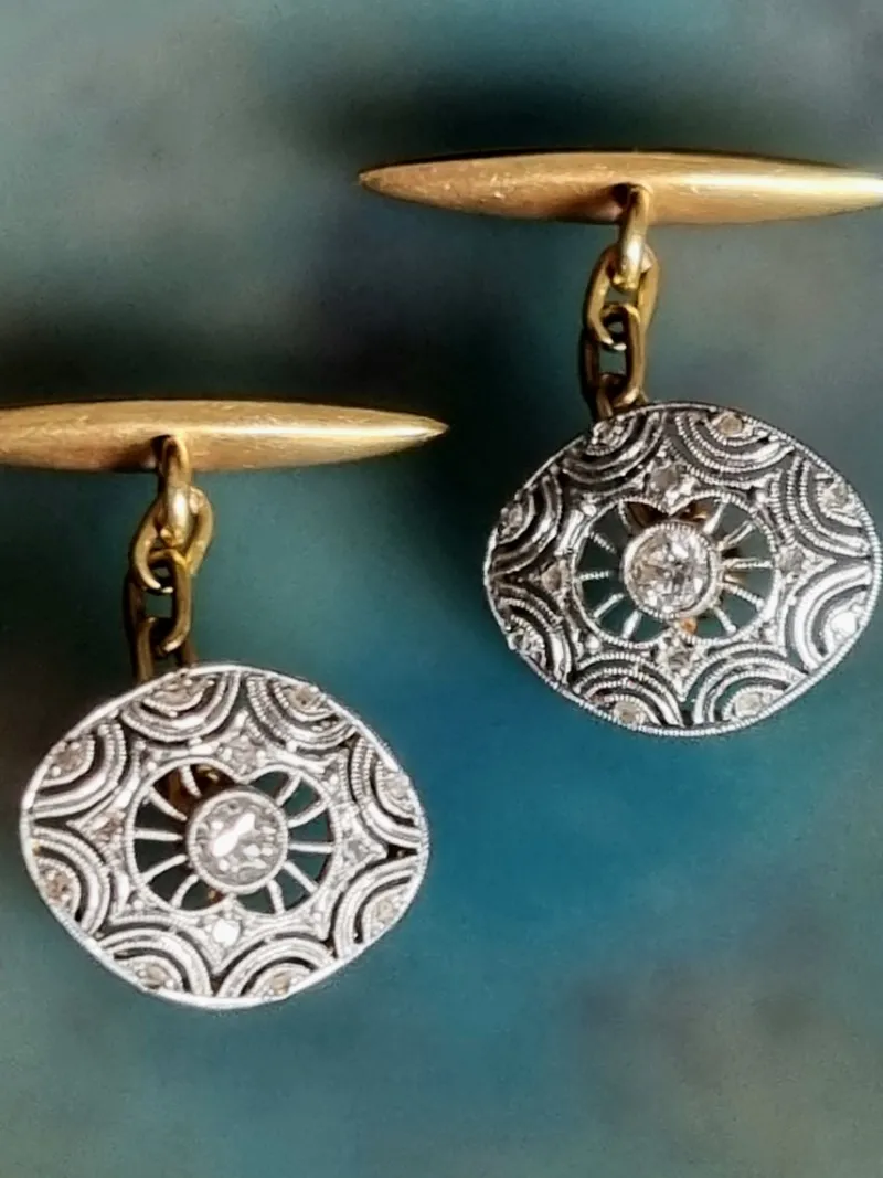 Best Pamono Edwardian Diamond Cufflinks in Platinum Over 18k Gold, 1910, Set of 2
