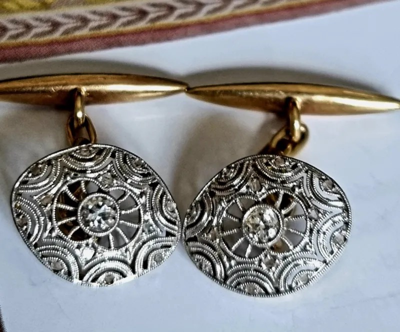 Best Pamono Edwardian Diamond Cufflinks in Platinum Over 18k Gold, 1910, Set of 2