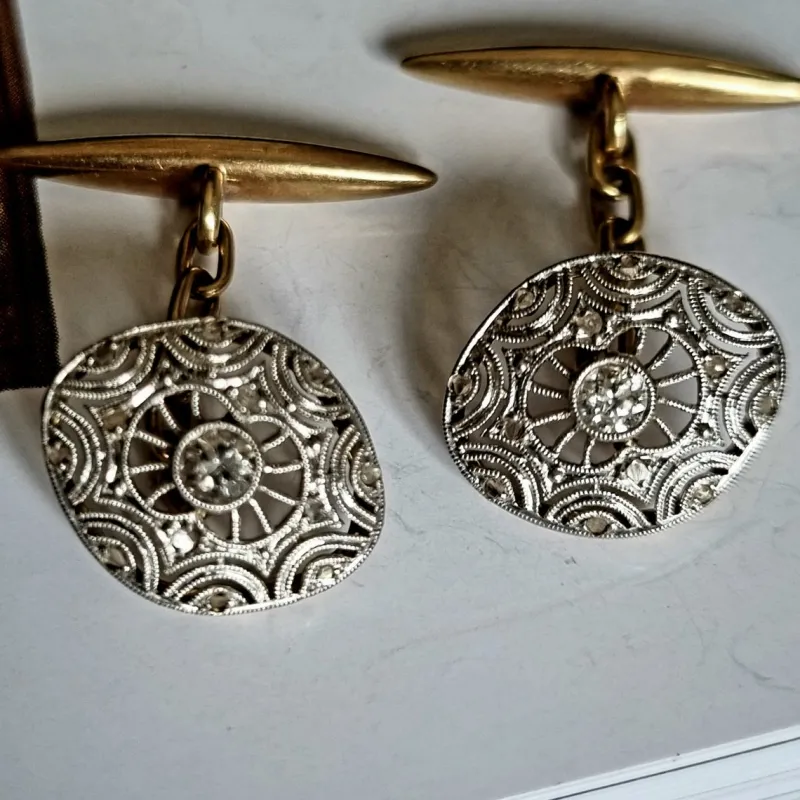 Best Pamono Edwardian Diamond Cufflinks in Platinum Over 18k Gold, 1910, Set of 2