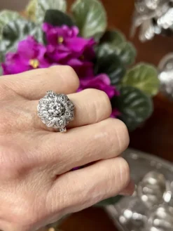Pamono Edwardian Floral Halo Diamond Ring in Platinum, 1910s><noscript><img width=