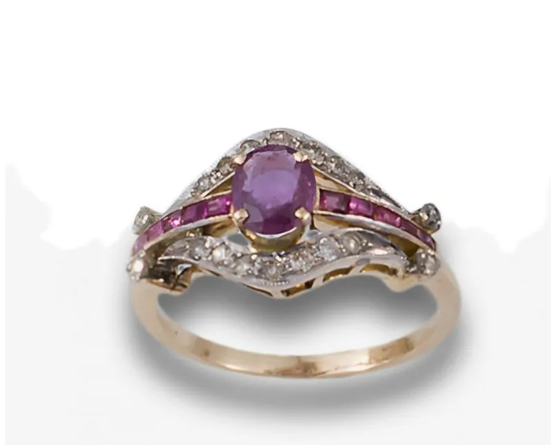Pamono Edwardian Ruby and Diamond Cluster Ring, 1910s> Rings