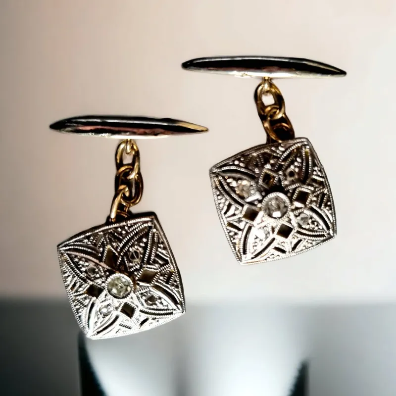 Discount Pamono Edwardian Square Diamond Cufflinks, 1910, Set of 2