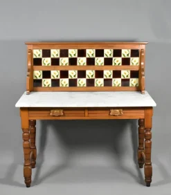 Pamono Edwardian Tile Back Marble Top Washstand in Birch, 1890s> Dressing Tables