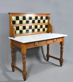 Pamono Edwardian Tile Back Marble Top Washstand in Birch, 1890s> Dressing Tables