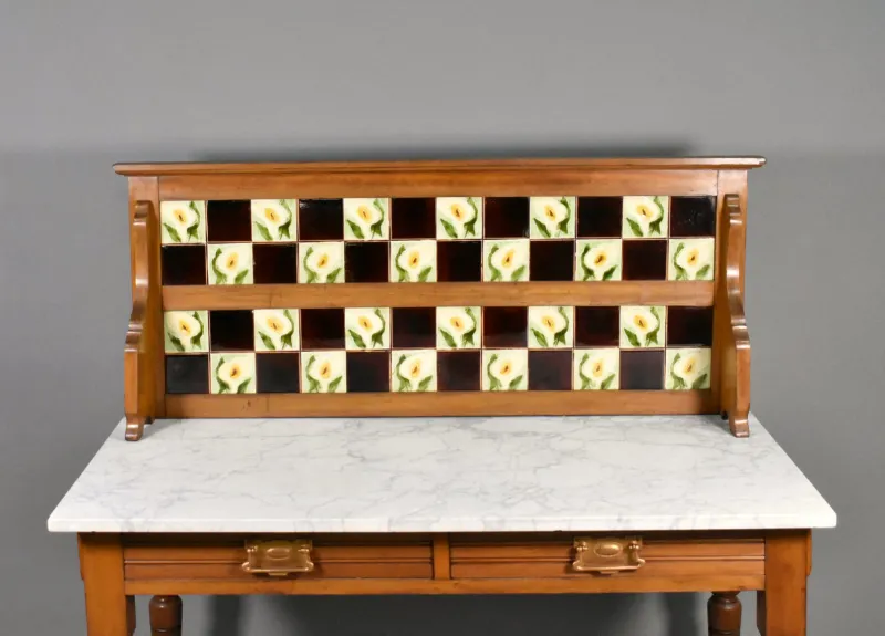 Pamono Edwardian Tile Back Marble Top Washstand in Birch, 1890s> Dressing Tables