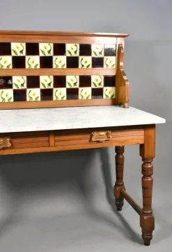 Pamono Edwardian Tile Back Marble Top Washstand in Birch, 1890s><noscript><img width=