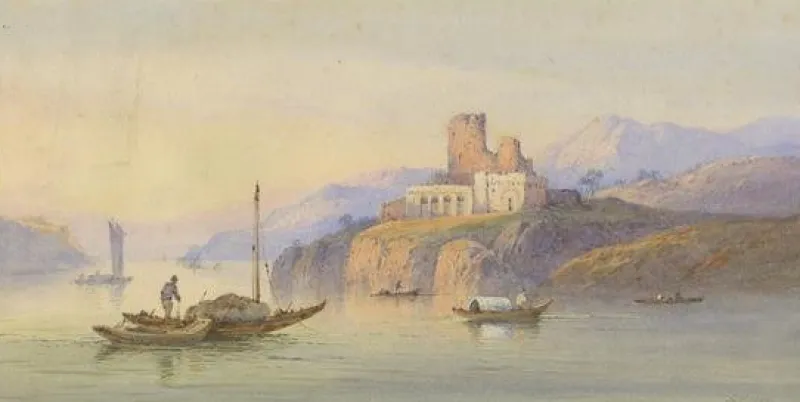 Hot Pamono Edwin St. Johns, Brush: Misty Morning at the Cliffside Ruins, 1920s, Watercolor