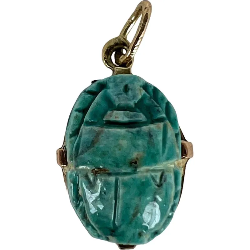 Discount Pamono Egyptian Faience Ceramic Scarab 18k Yellow Gold Charm Pendant, 1920s