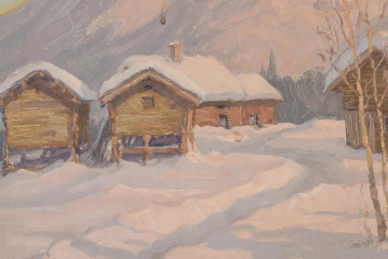 Pamono Einar Krüger, Post Impressionist Swedish Snowscape, Mid-20th Century, Oil on Board, Framed> Impressionist