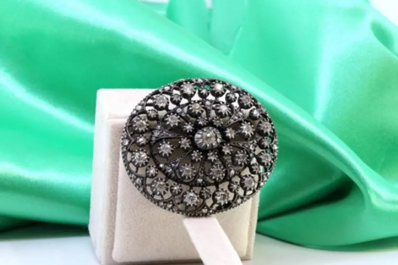Pamono Elliptical Shaped Gold and Silver Brooch with Rose Cut Diamonds and Chips