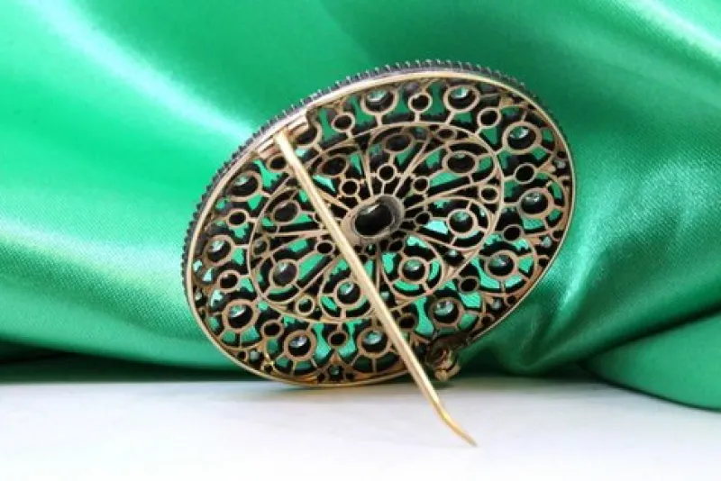 Pamono Elliptical Shaped Gold and Silver Brooch with Rose Cut Diamonds and Chips