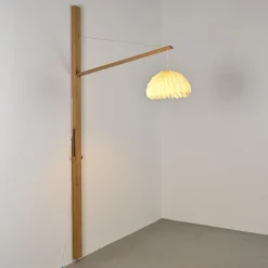 Hot Pamono Elm Floor Lamp with Pleated Paper Shade, France, 1970s