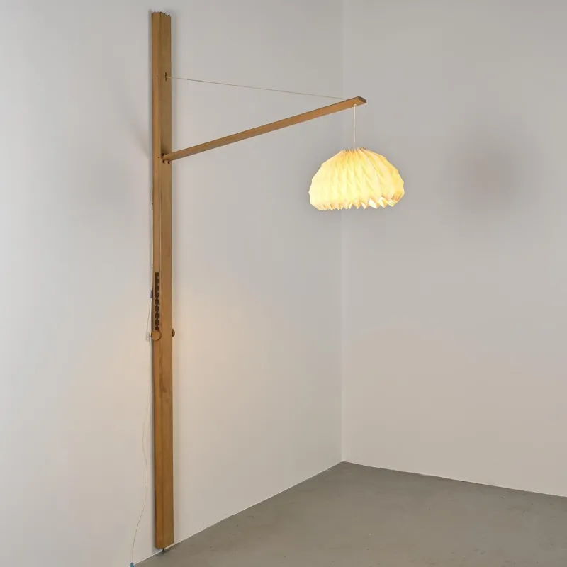 Hot Pamono Elm Floor Lamp with Pleated Paper Shade, France, 1970s