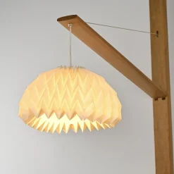 Hot Pamono Elm Floor Lamp with Pleated Paper Shade, France, 1970s