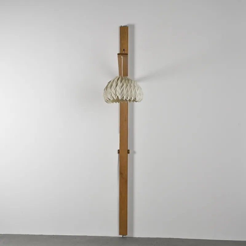 Hot Pamono Elm Floor Lamp with Pleated Paper Shade, France, 1970s