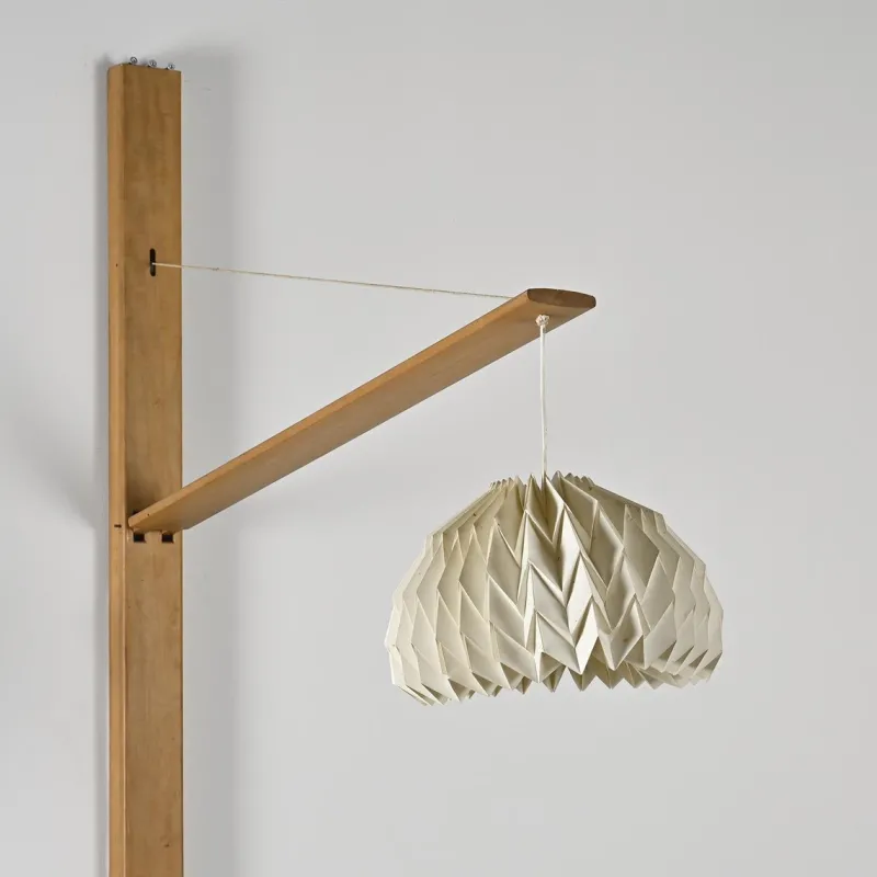 Hot Pamono Elm Floor Lamp with Pleated Paper Shade, France, 1970s