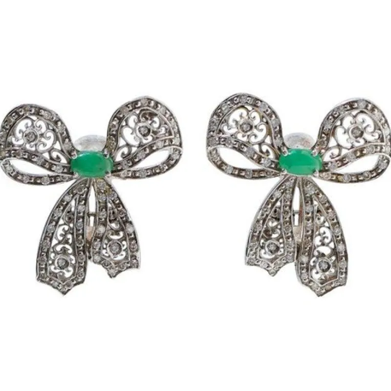 Pamono Emeralds, Diamonds and White Gold Bow Earrings, Set of 2