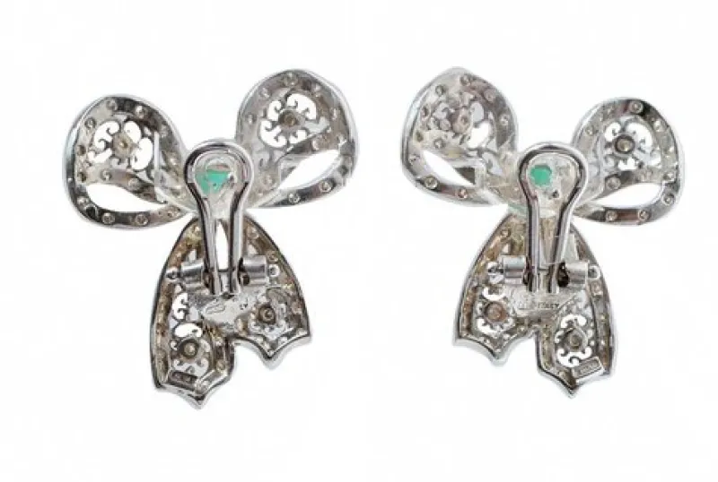 Pamono Emeralds, Diamonds and White Gold Bow Earrings, Set of 2