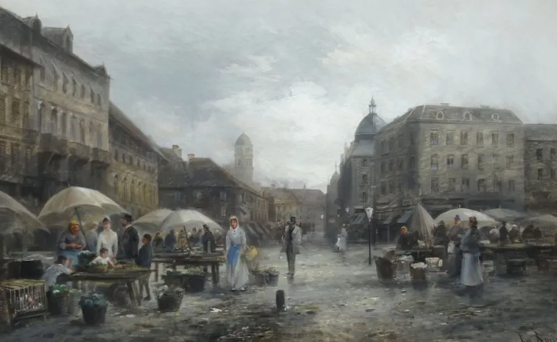 Pamono Emil Barbarini, Sundays Market, Late 1800s, Oil on Wood> Impressionist