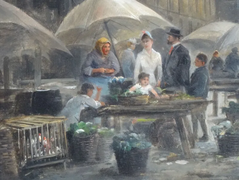 Pamono Emil Barbarini, Sundays Market, Late 1800s, Oil on Wood> Impressionist