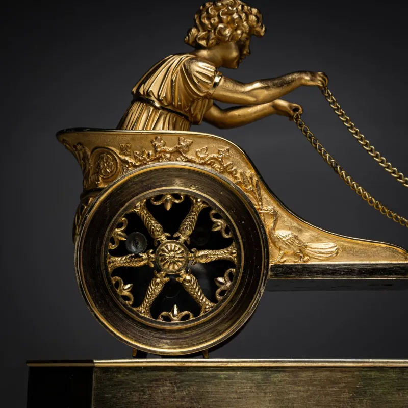 New Pamono Empire Mantel Clock with Putto in Chariot by Thiery À Paris
