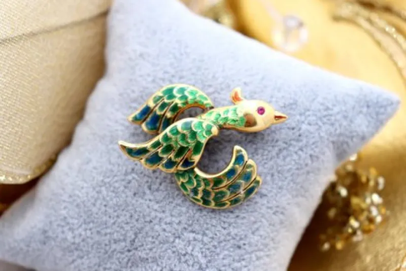Best Pamono Enameled Bird Shaped Gold Brooch