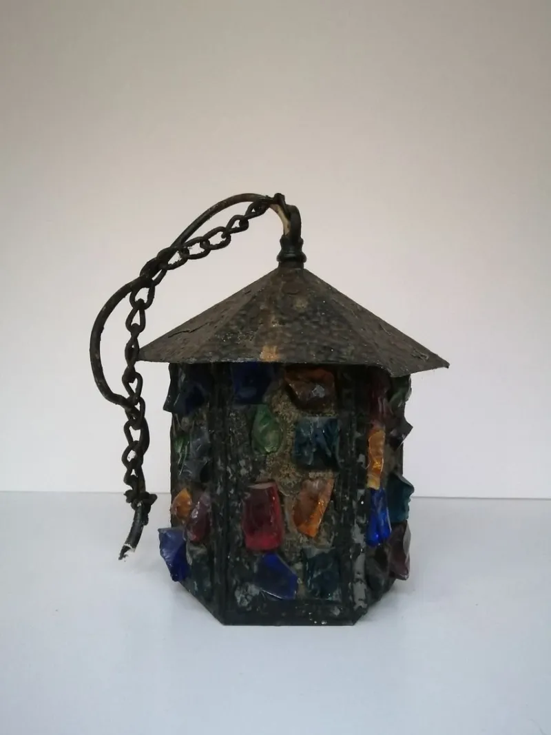 Discount Pamono English Arts & Crafts Glass, Lead & Hammered Sheet Metal Porch Lantern by Peter Marsh, 1950s