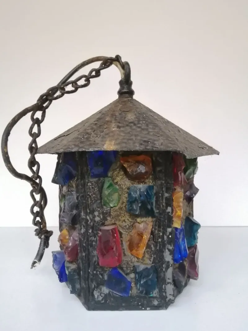 Discount Pamono English Arts & Crafts Glass, Lead & Hammered Sheet Metal Porch Lantern by Peter Marsh, 1950s
