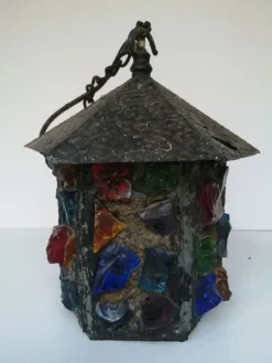 Discount Pamono English Arts & Crafts Glass, Lead & Hammered Sheet Metal Porch Lantern by Peter Marsh, 1950s