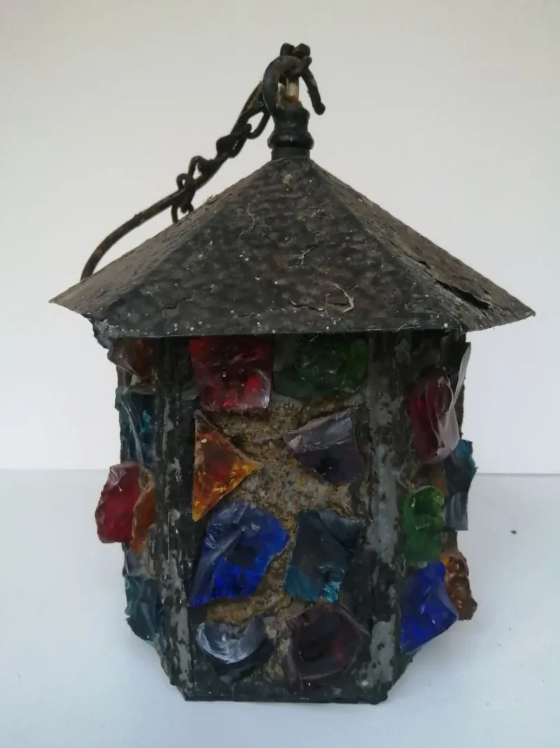 Discount Pamono English Arts & Crafts Glass, Lead & Hammered Sheet Metal Porch Lantern by Peter Marsh, 1950s